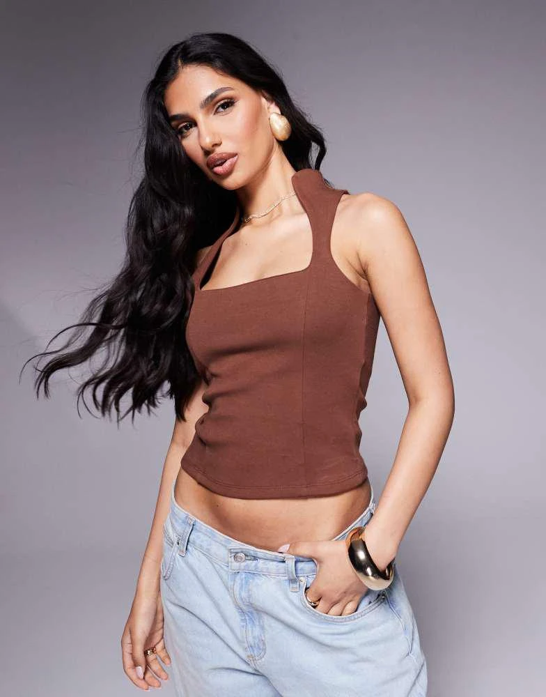 ASOS ASOS DESIGN ponte racer top with curved neckline in chocolate 1