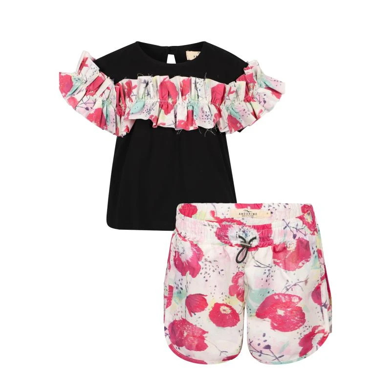 Andorine Poppies ruffle detailing t shirt and shorts set in black white and pink 1