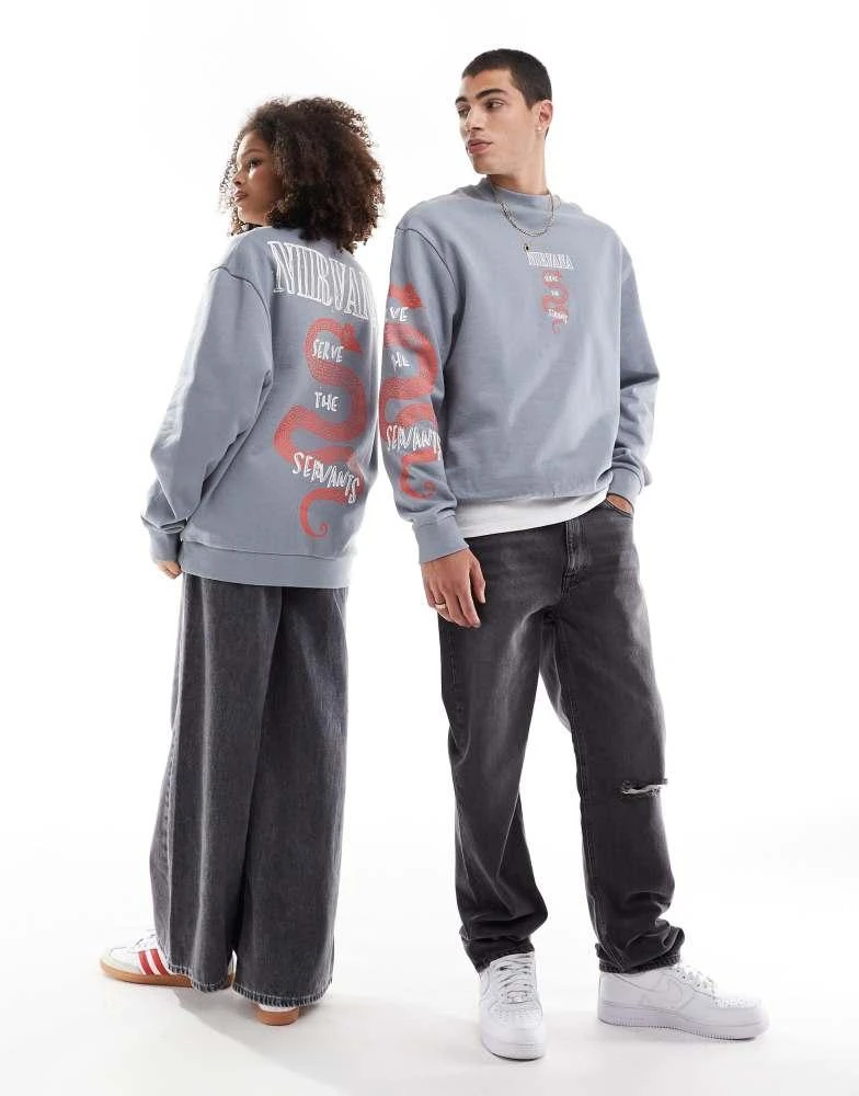 ASOS ASOS DESIGN unisex oversized sweatshirt with Nirvana Serve The Servants prints in grey 1