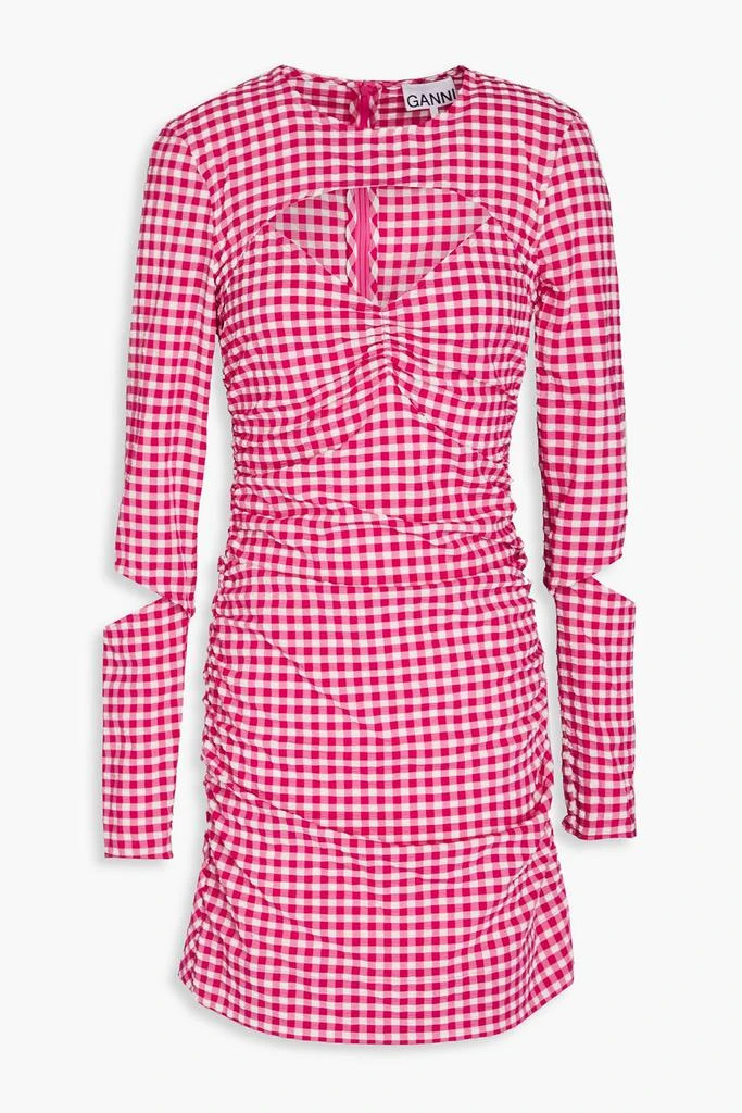 Ganni Cutout ruched gingham seersucker mini dress 1