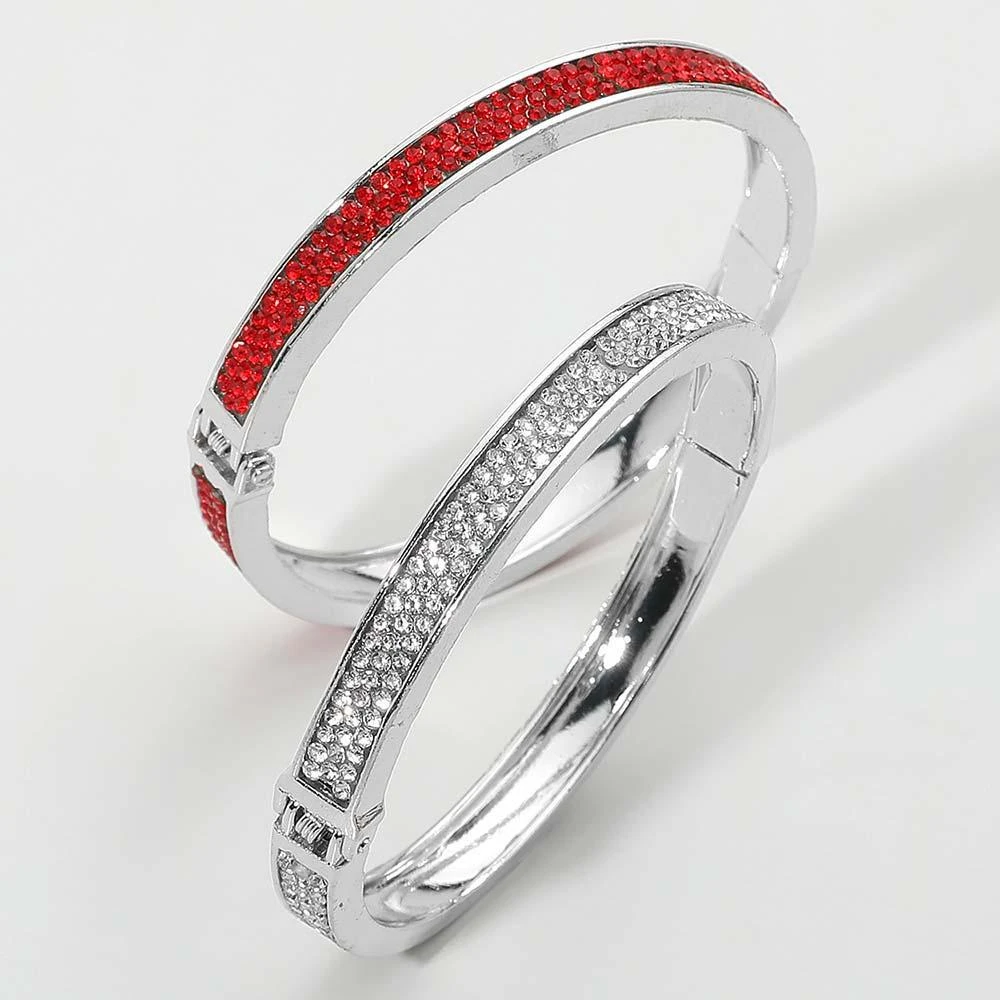 FASHNZFAB 2PCS - Rhinestone Studded Hinged Bangle Bracelets