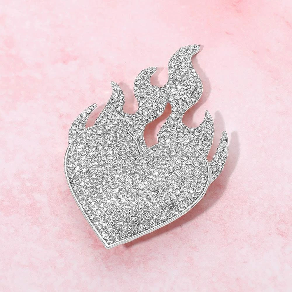 FASHNZFAB Rhinestone Pave Flame Heart Pin Brooch