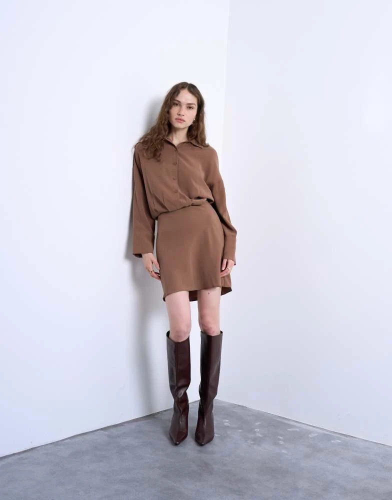 Topshop Topshop waisted micro mini shirt dress in brown cupro 3