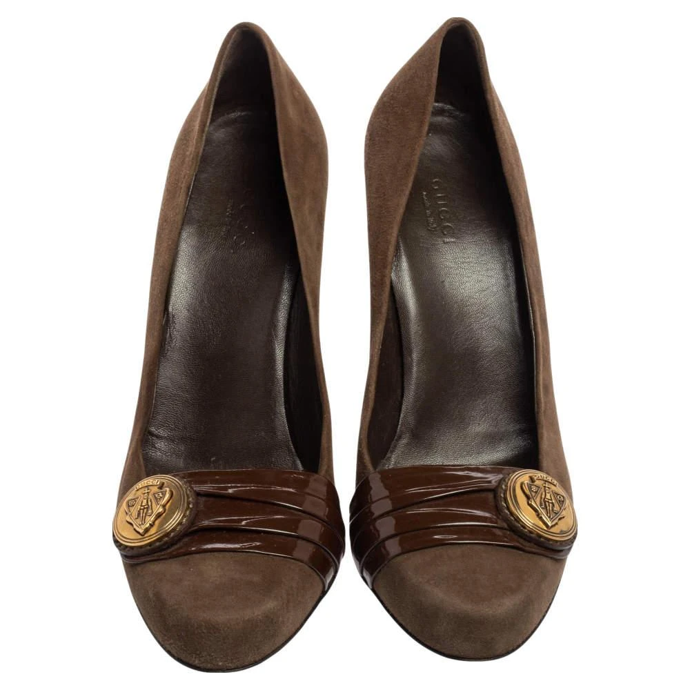Gucci Gucci Brown Suede And Pleated Patent Leather Logo Buckle Pumps Size 38.5 3