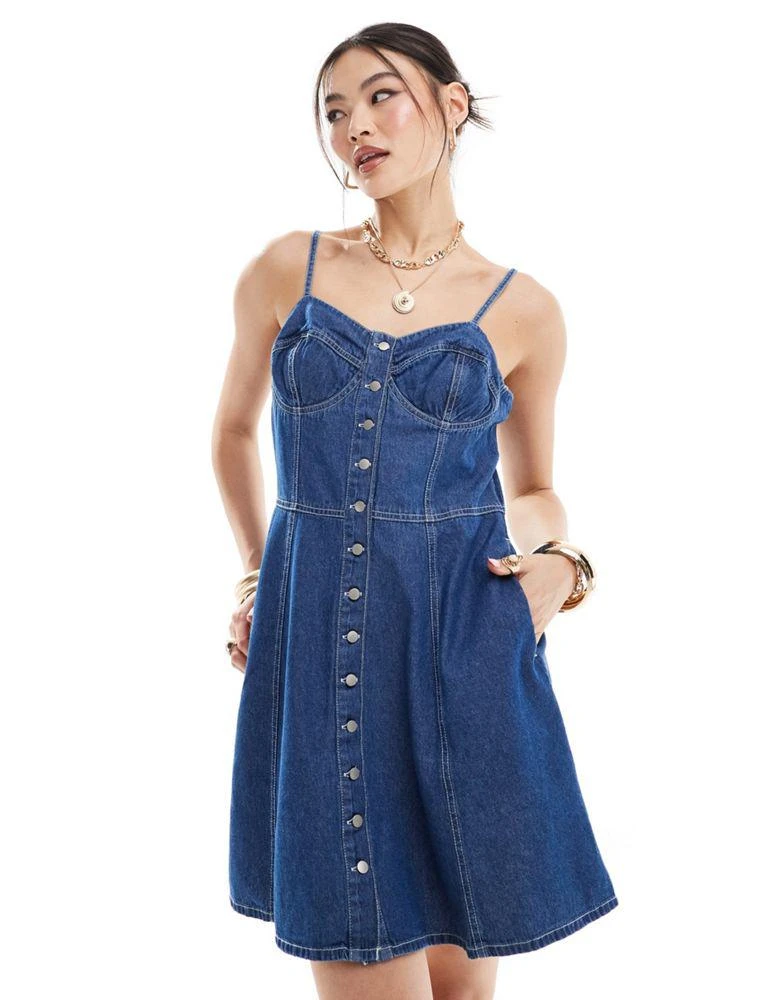 River Island River Island button through denim mini dress in darkwash blue 4