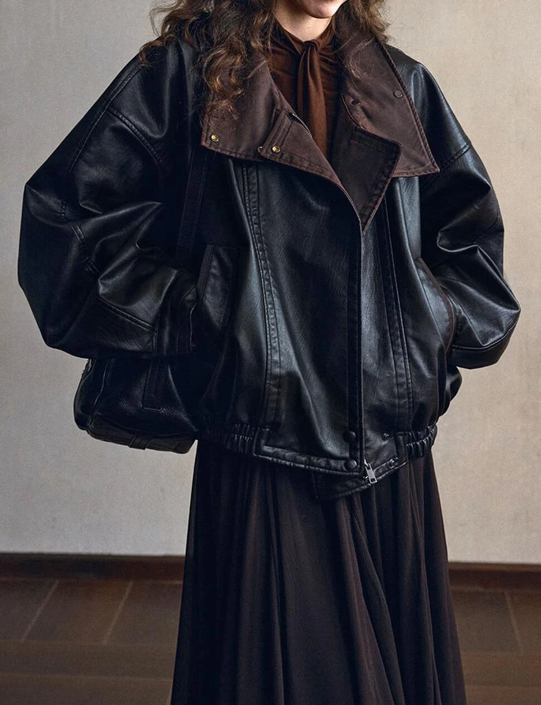 Pixie Market Black Leather Brown Funnel Neck Bomber Jacket-PREORDER
