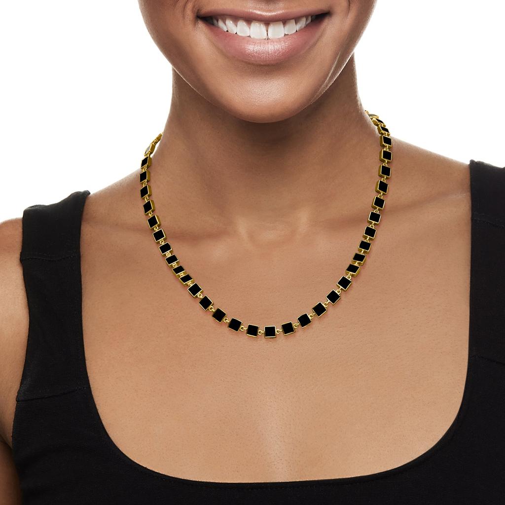 Ross-Simons Ross-Simons Black Onyx Station Necklace in 18kt Yellow Gold Over Sterling Silver