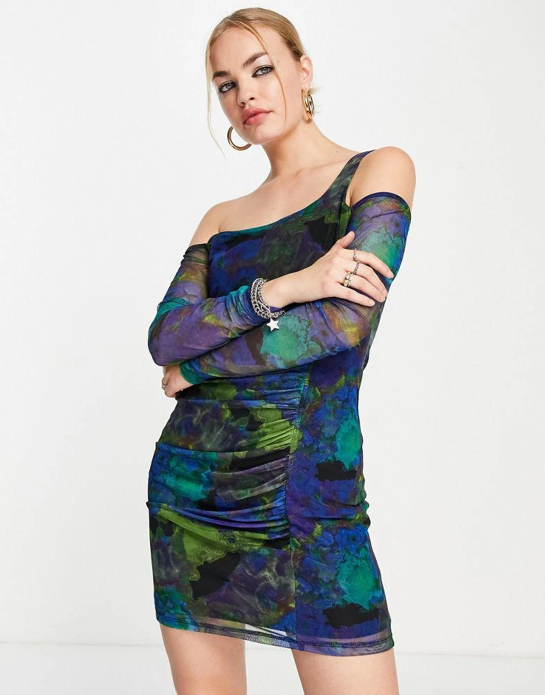 Topshop Topshop long sleeve mesh ruched blurred floral mini dress in blue 1