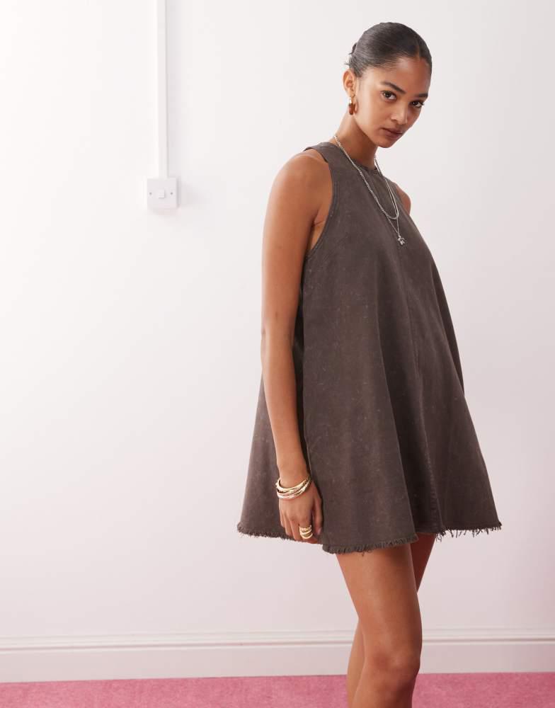 Monki Monki sleeveless a line mini dress with frayed edge in dark brown