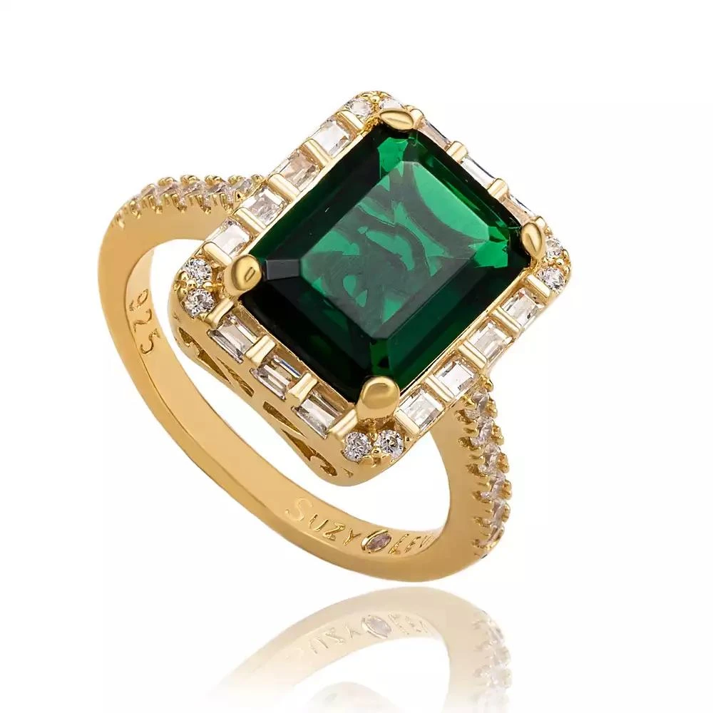 Suzy Levian New York Suzy Levian Sterling Silver Emerald-Cut Cubic Zirconia Baguette Halo Ring