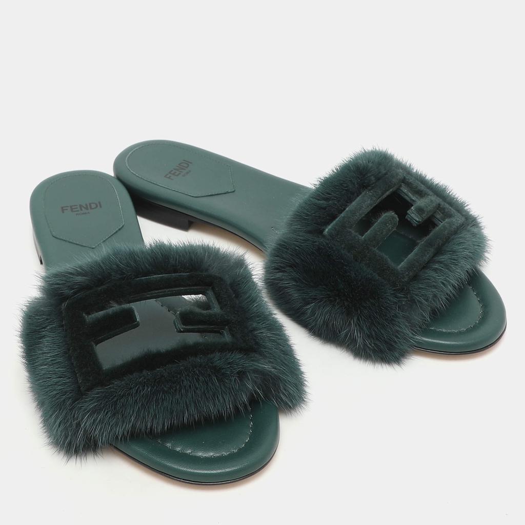 Shop Fendi Green Mink Fur Baguette Slide Sandals Size 36 on Sale