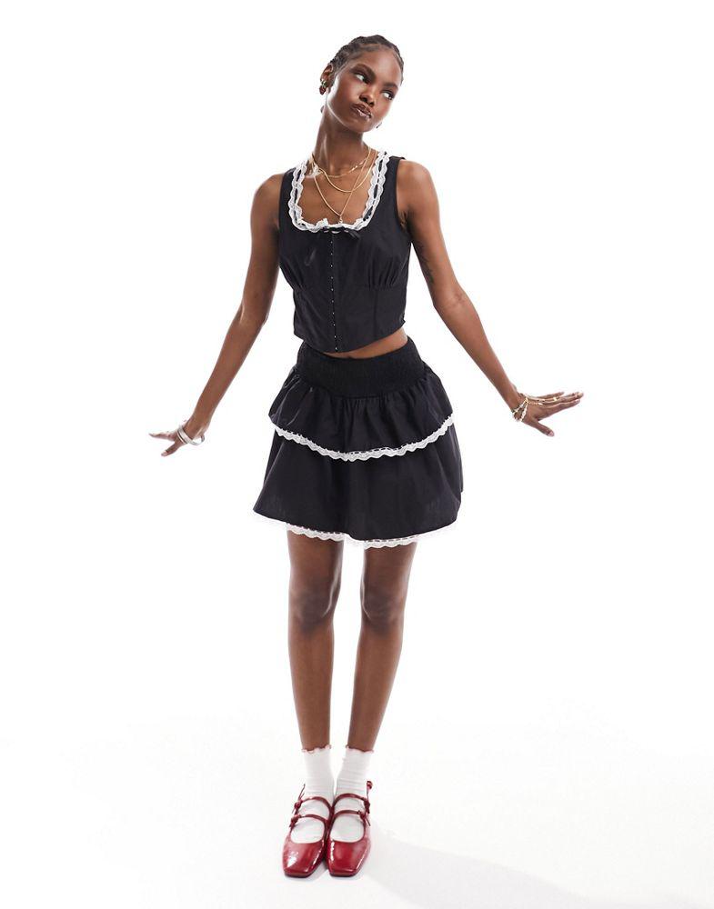 Daisy Street Daisy Street shirred waist frill mini skirt with lace trim in black co-ord