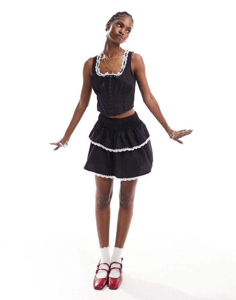 Daisy Street Daisy Street shirred waist frill mini skirt with lace trim in black co-ord 1
