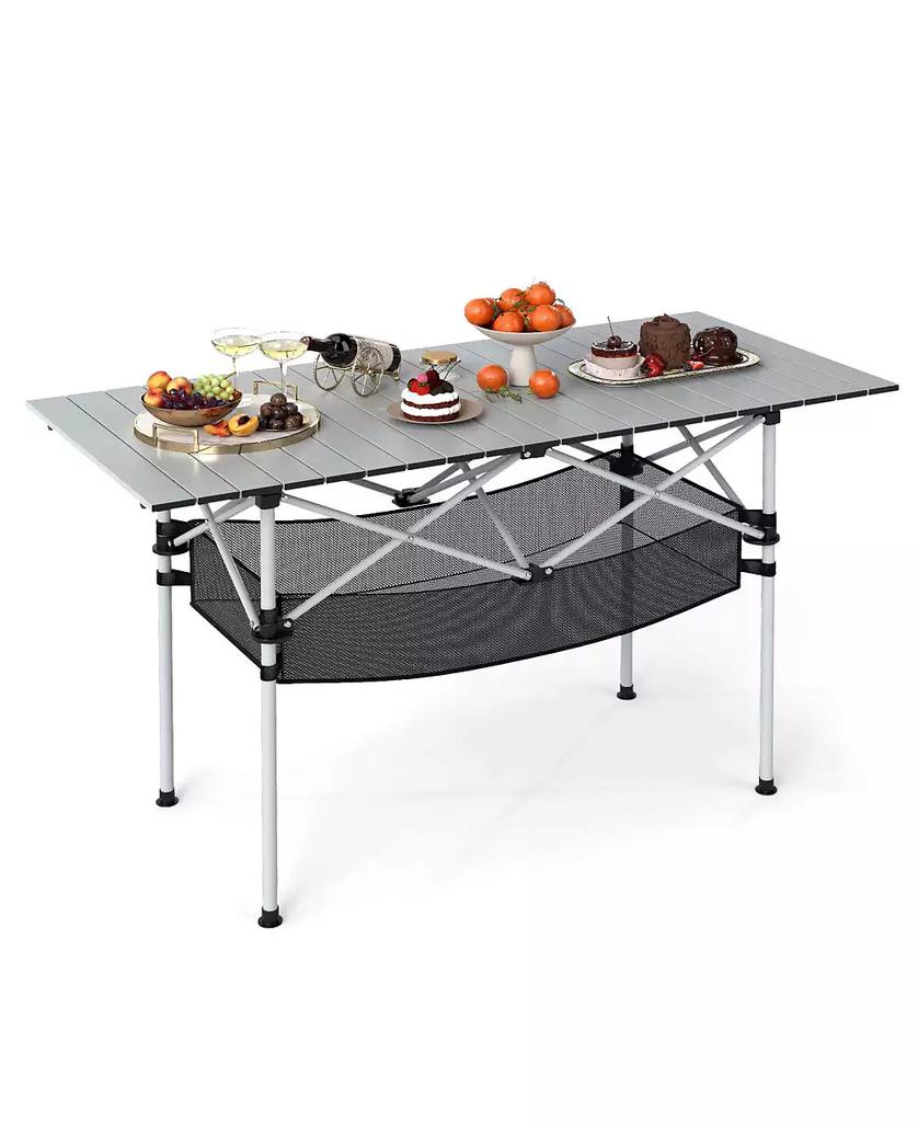 Costway Patio Folding Camping Table with Aluminum Roll-up Tabletop & Mesh Basket