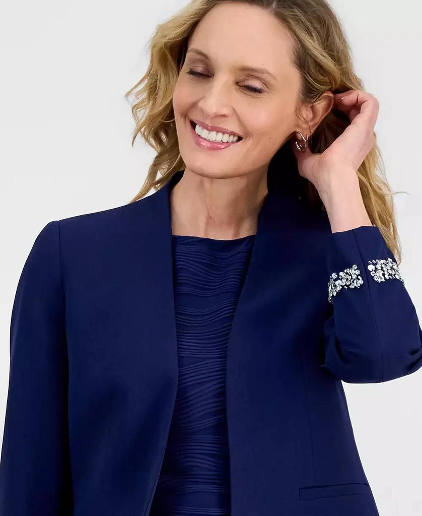 Kasper Women
s Stretch Crepe Collarless Embellished Bracelet-Sleeve Jacket 3