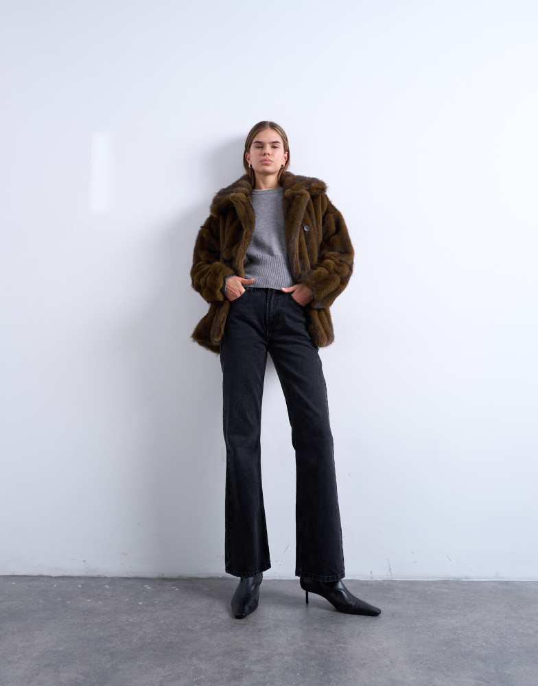 Topshop Topshop faux fur short car coat in natural stripe