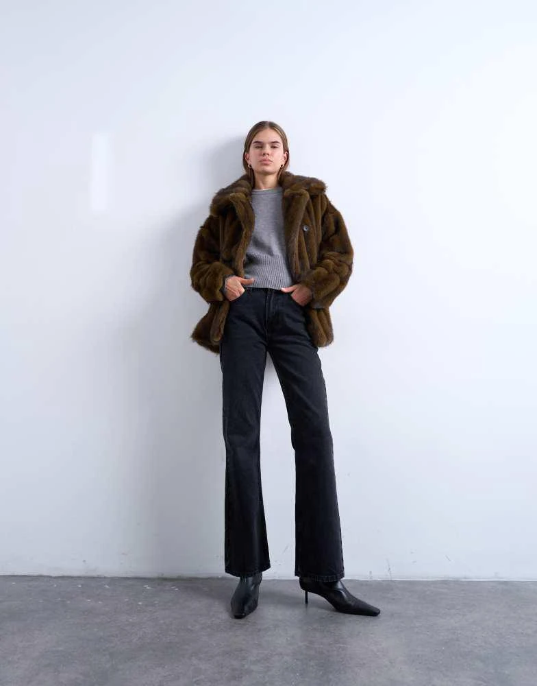 Topshop Topshop faux fur short car coat in natural stripe 2