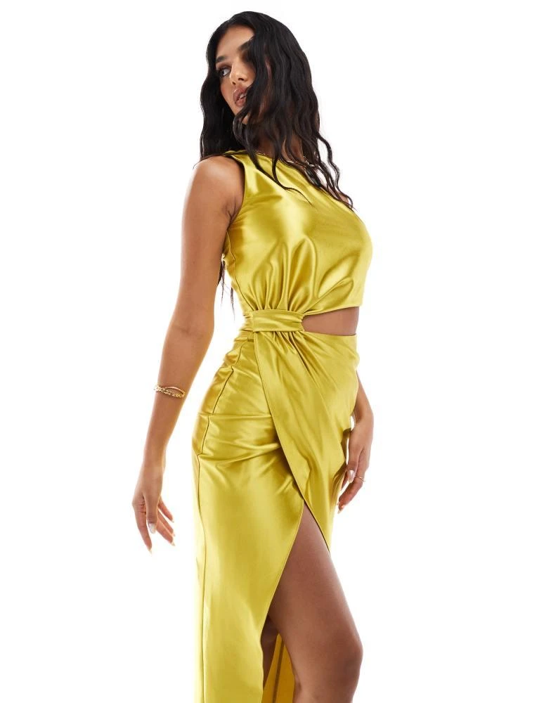 True Violet True Violet one shoulder jersey satin cut out maxi dress in chartreuse 2