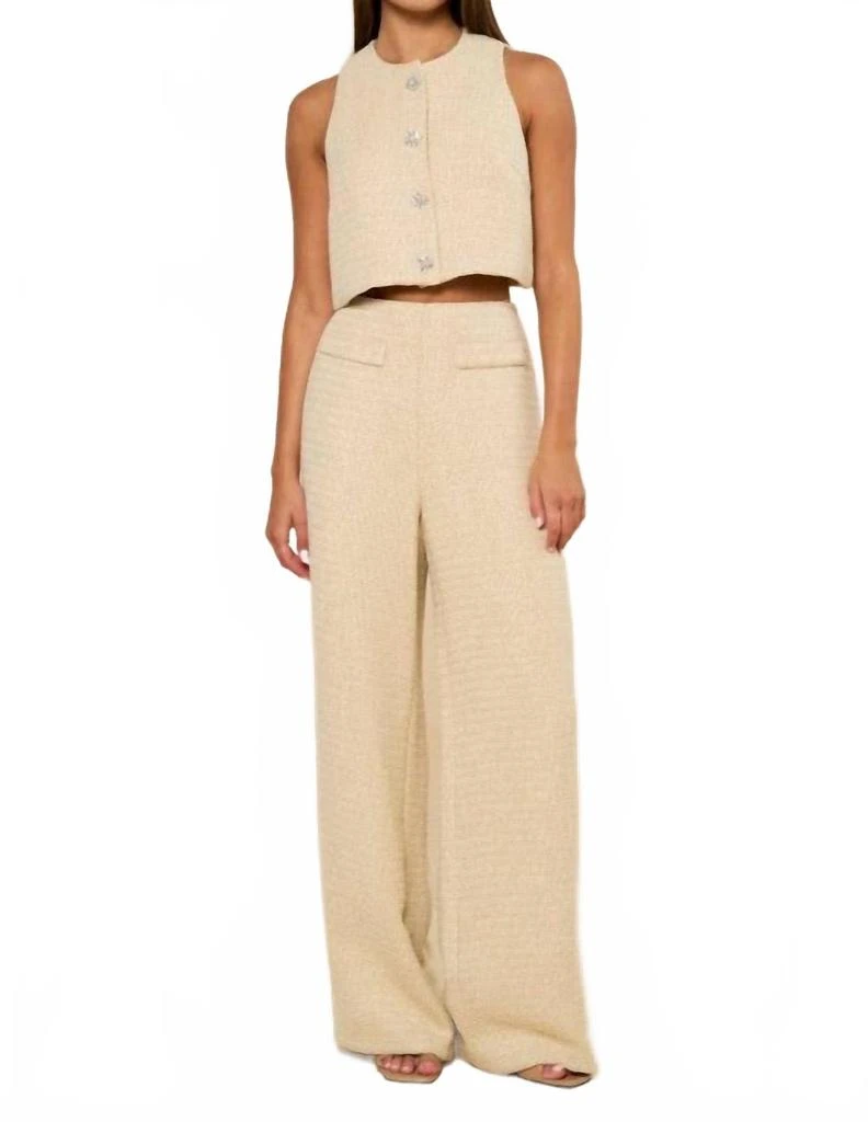 lalavon Sleeveless Tweed Vest And Long Pants Set In Beige