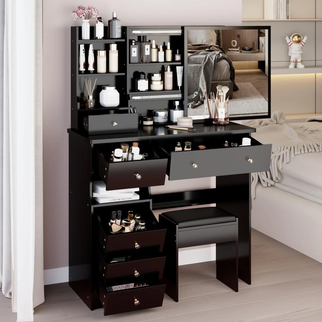 Streamdale Furniture Streamdale 37" Vanity Table with Mirror, Stool 
Storage 6