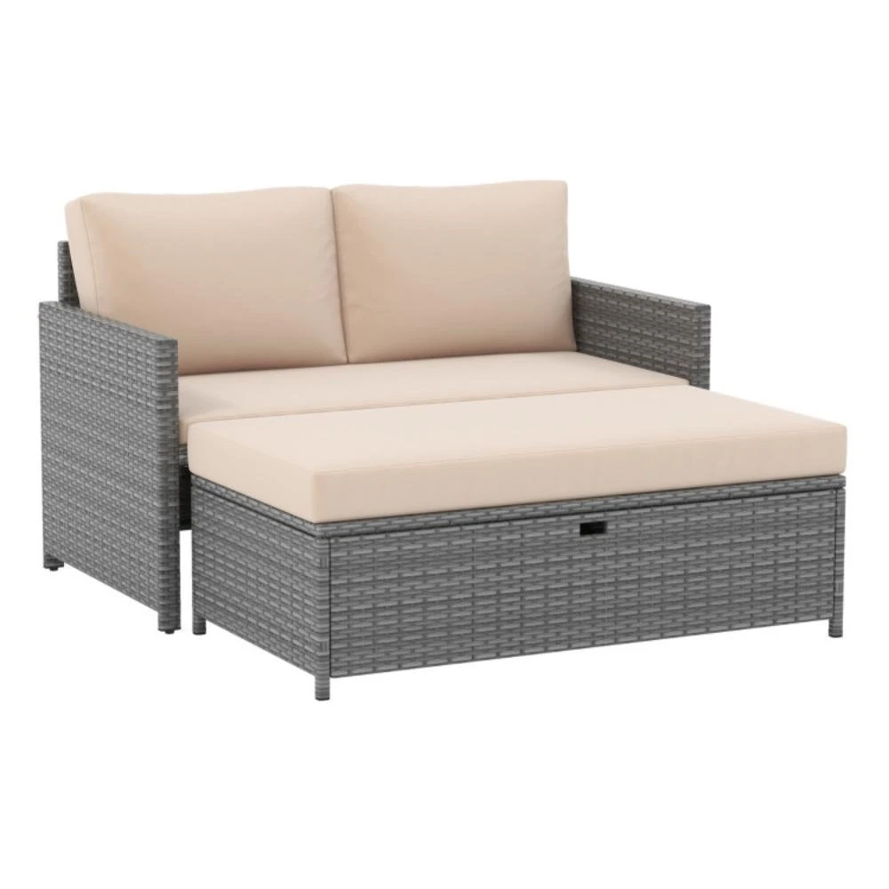 Hivvago Outdoor Rattan Daybed Wicker Loveseat and 31 Gallon Storage Ottoman-Brown