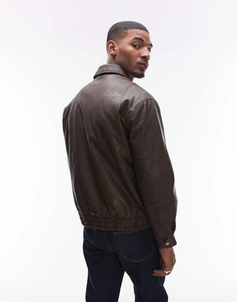 Topman Topman faux leather harrington jacket in brown 3