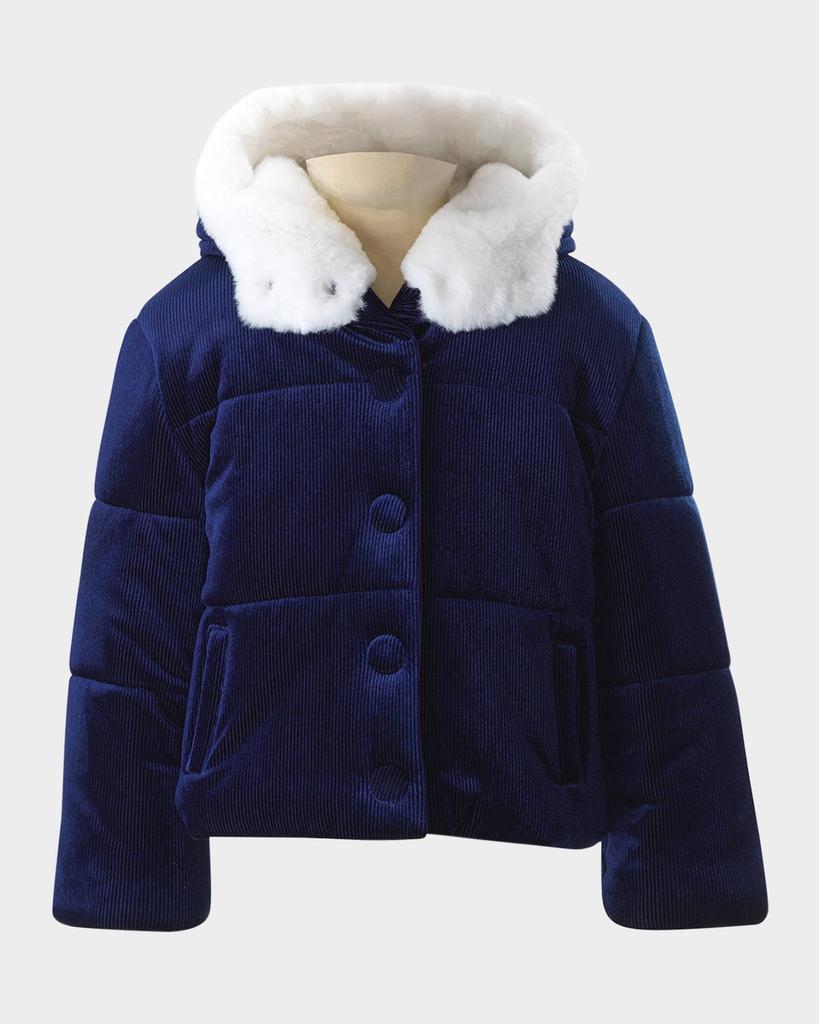 Rachel Riley Girl's Faux Fur Trim Ribbed Hooded Puffer Jacket, Size 2-10