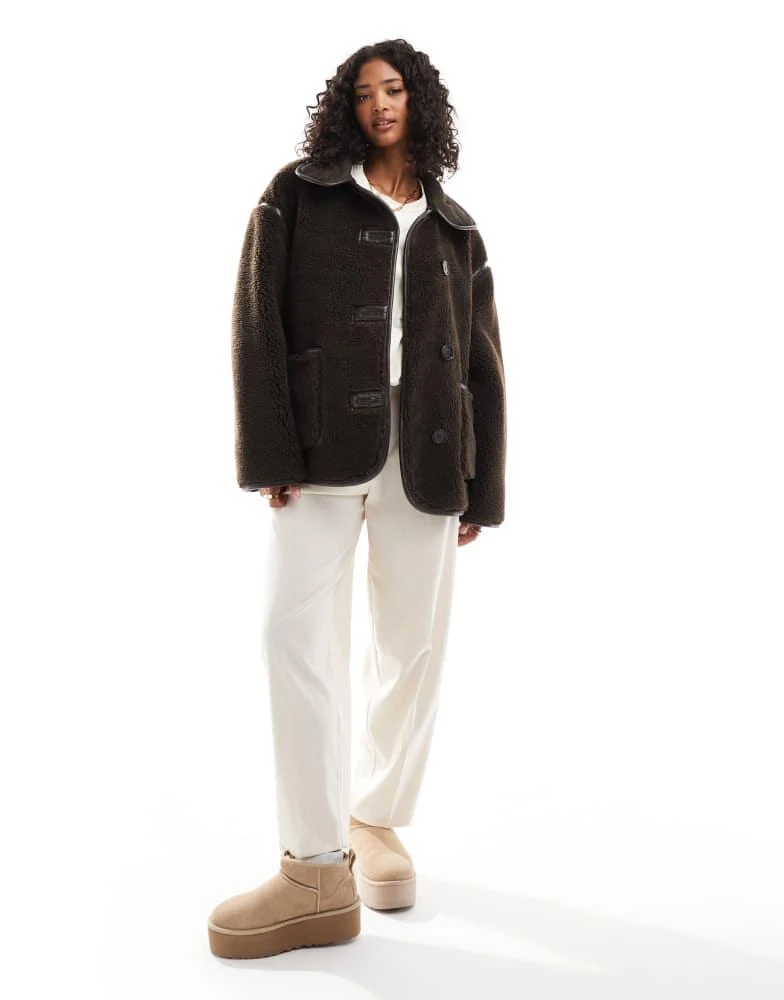 ASOS ASOS DESIGN borg funnel neck jacket in chocolate 4