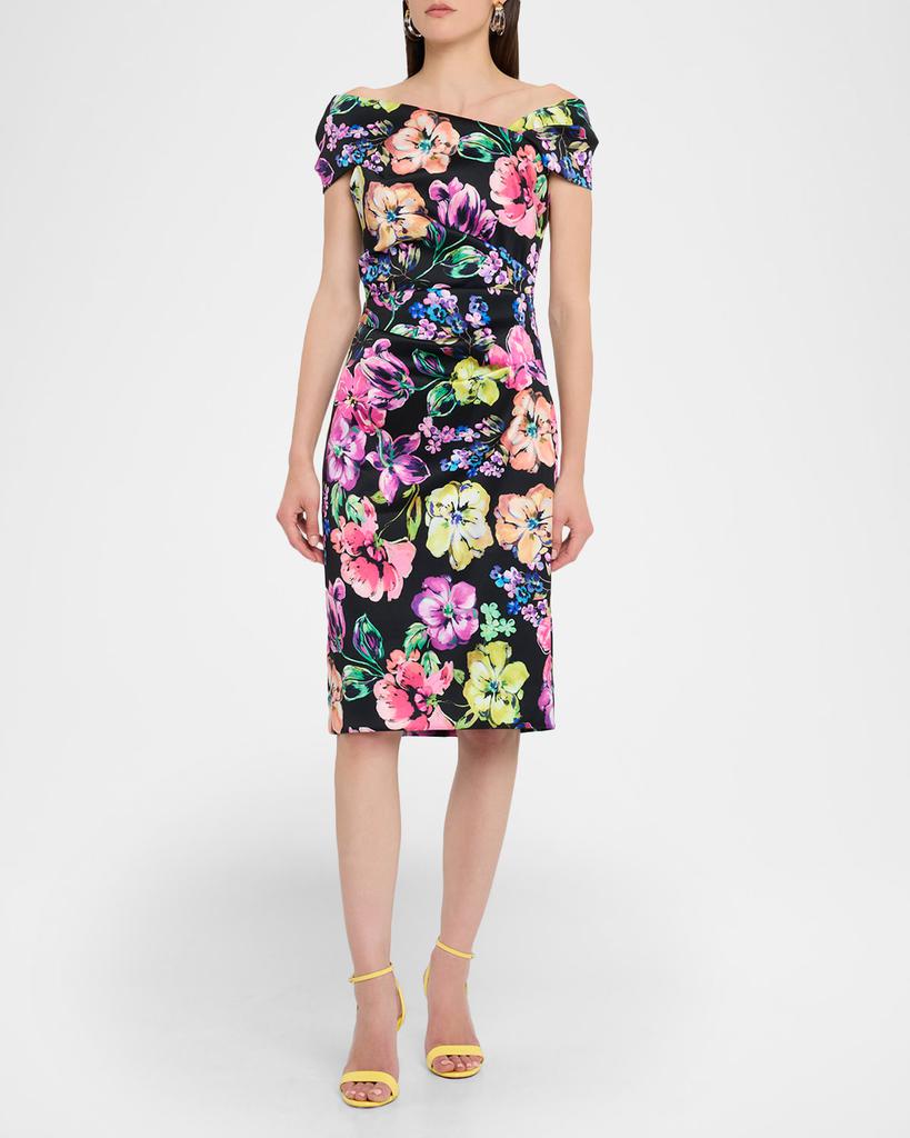 Teri Jon Pleated Floral-Print Stretch Gazar Dress