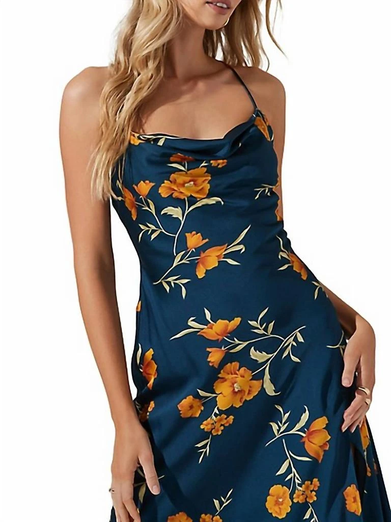 ASTR Gaia Floral Cross-Back Side-Slit Midi Dress In Dark Teal 5