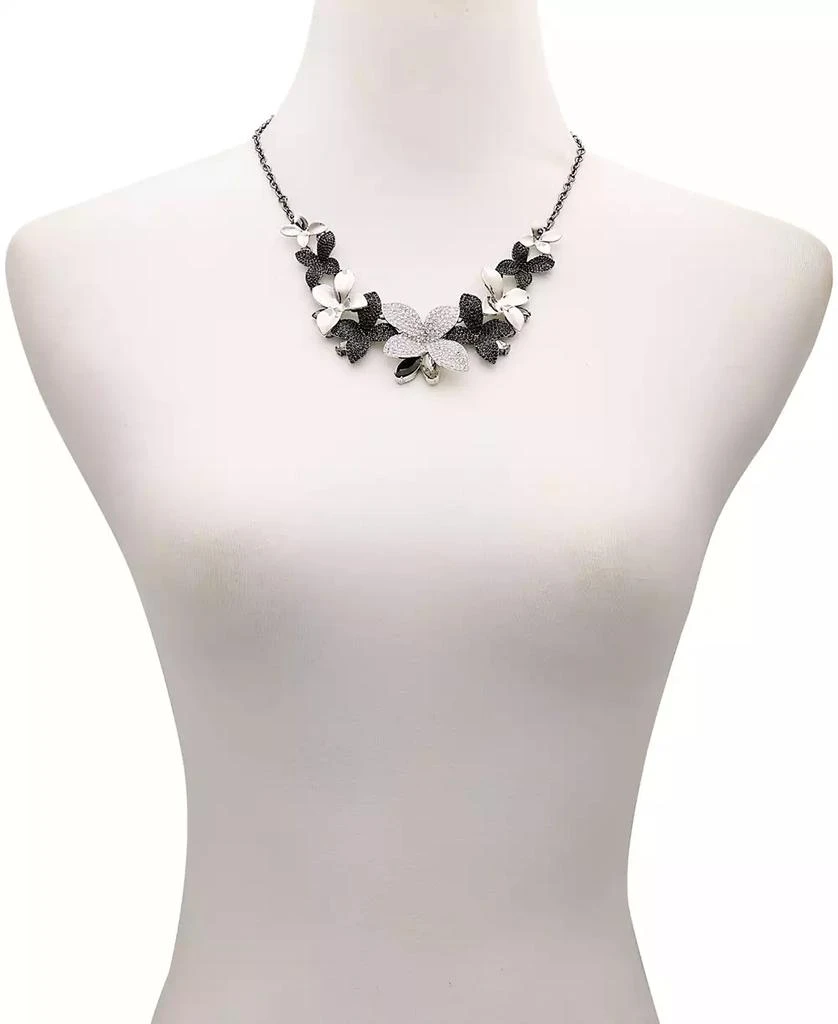 GUESS Silver-Tone Black & Clear Pavé & Marquise Stone Flower Statement Necklace, 18" + 2" extender 3