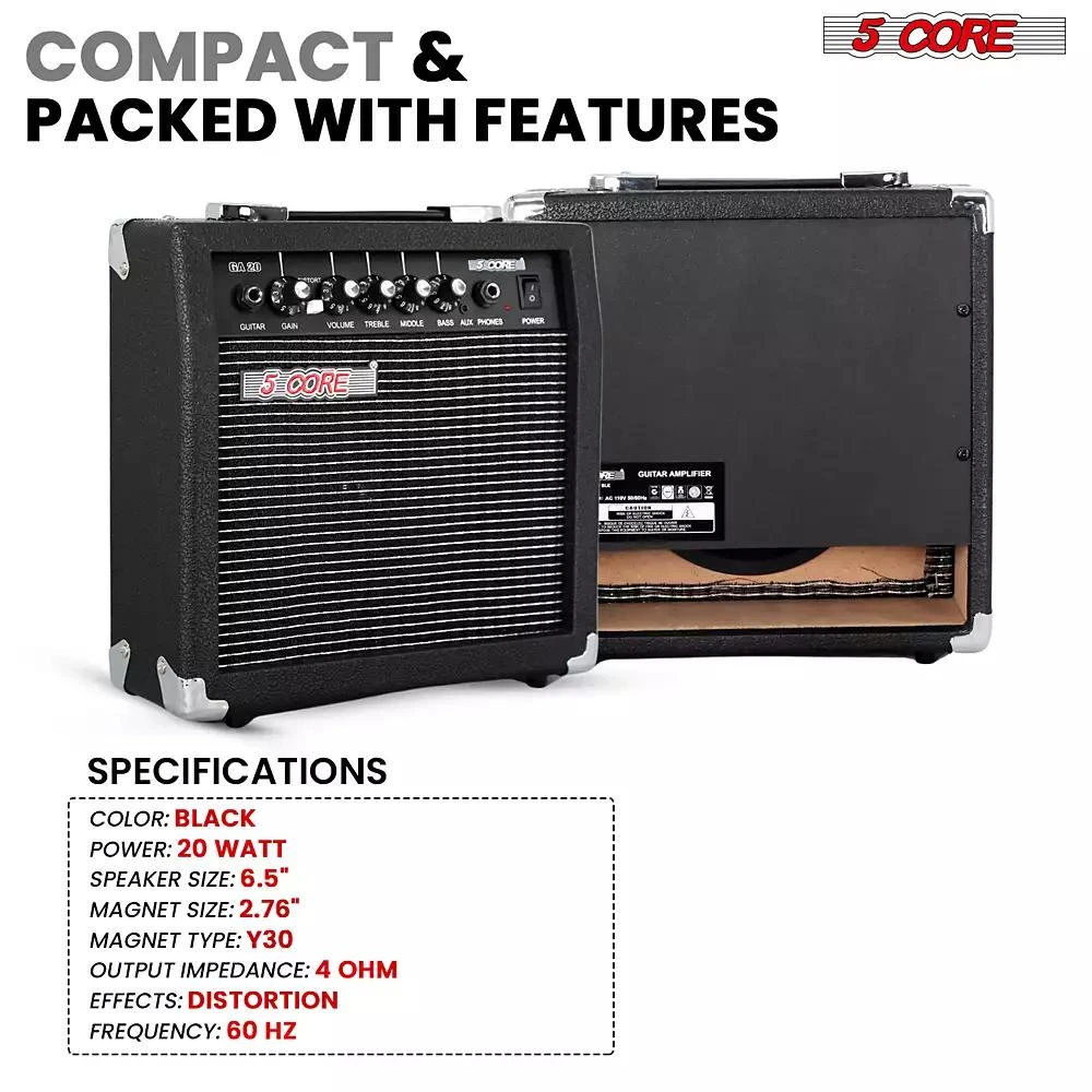 5 Core Guitar Amp 20W Electric Portable Mini Amplifier w Built in 6.5" Speaker Aux Headphone Jack 7