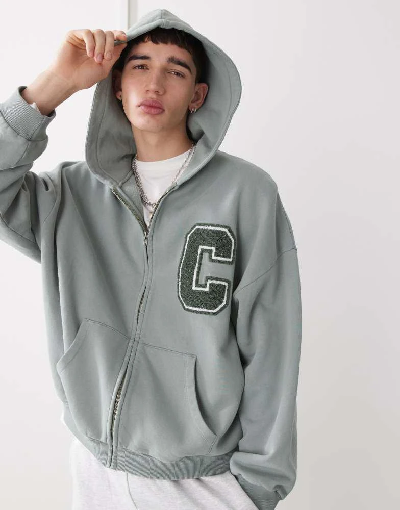 COLLUSION COLLUSION zip hoodie with Chenille patch in khaki 1