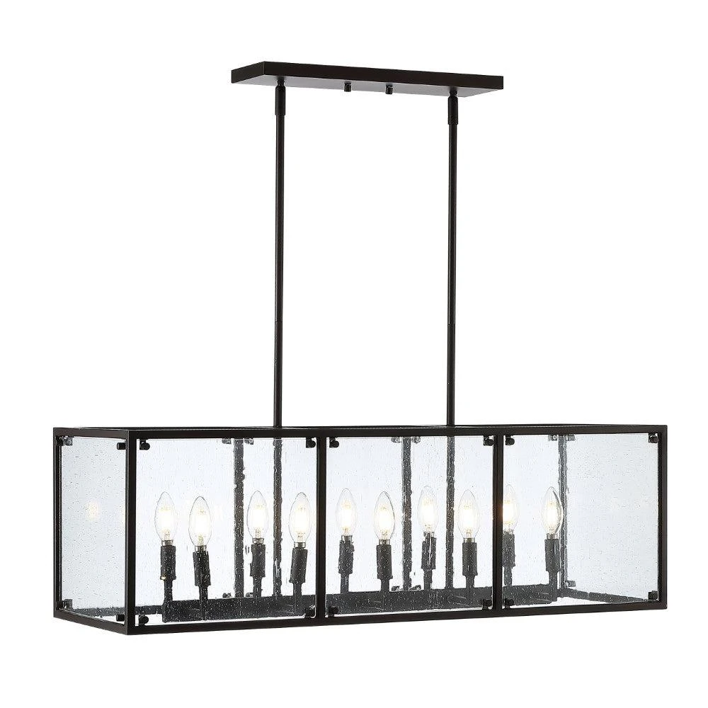 JONATHAN Y Paysan 35" Linear 10-Light Adjustable Iron/Seeded Glass Rustic Farmhouse LED Pendant 2