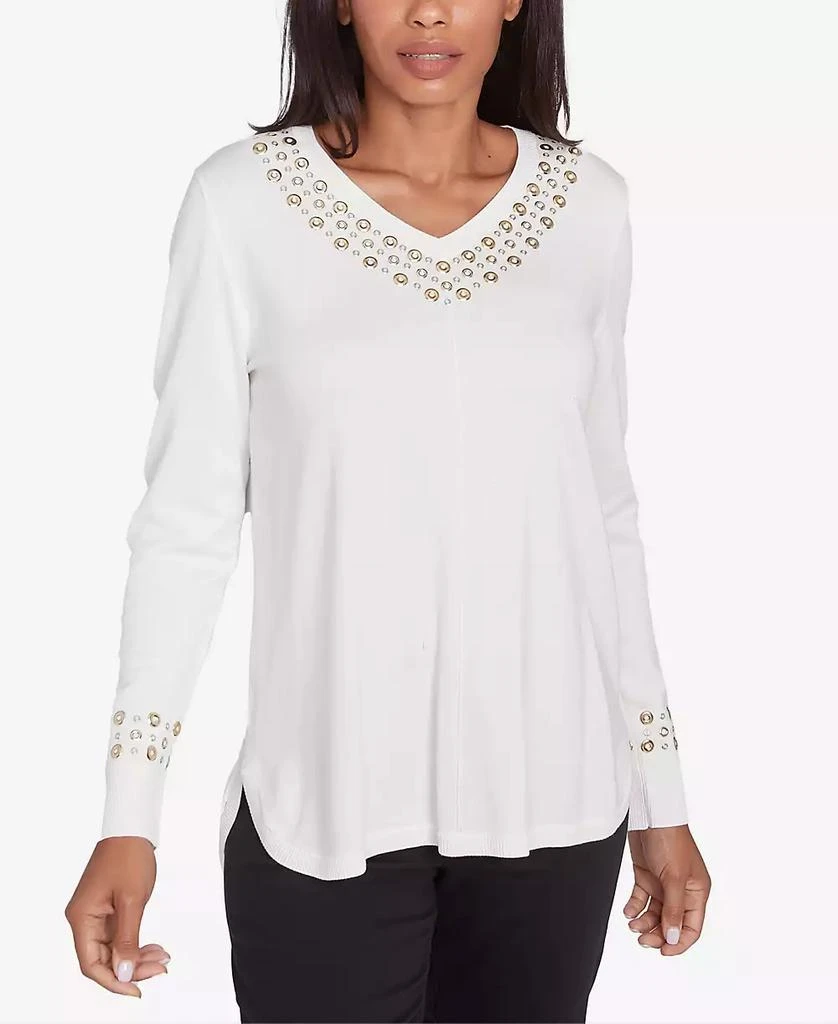 Ruby Rd. Petite Grommet Embellished Fine Gauge V-Neck Sweater 1