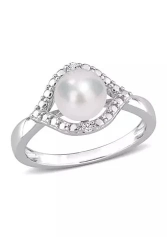 Belk 
Co. Lab Created 7-7.5mm Freshwater Cultured Pearl and Created White Sapphire Halo Ring in Sterling Silver