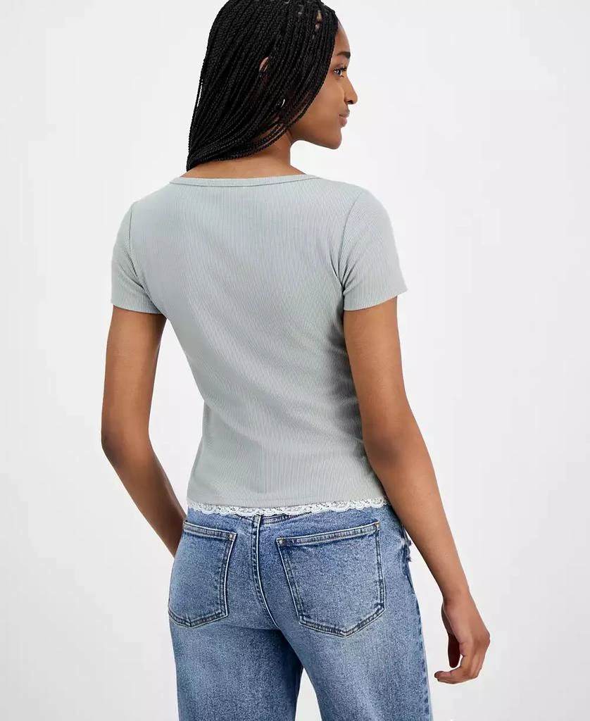 Hippie Rose Juniors' Lace-Trim Layered Henley T-Shirt 4
