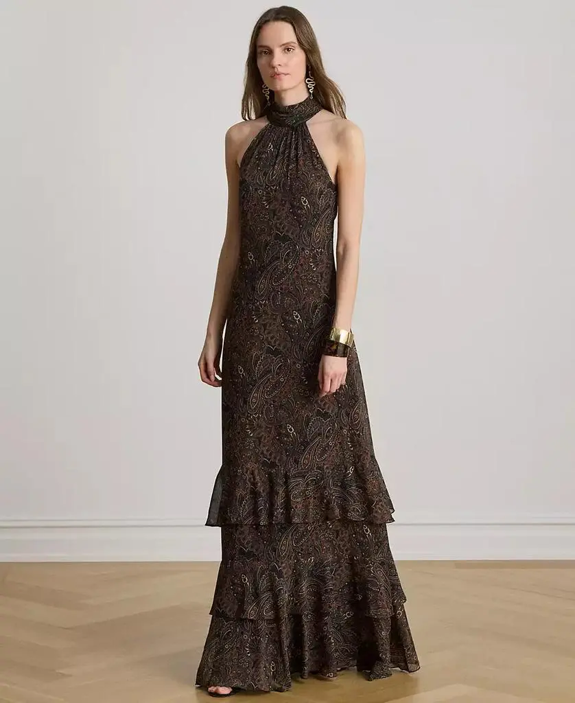 Ralph Lauren Paisley Georgette Tiered Mockneck Gown