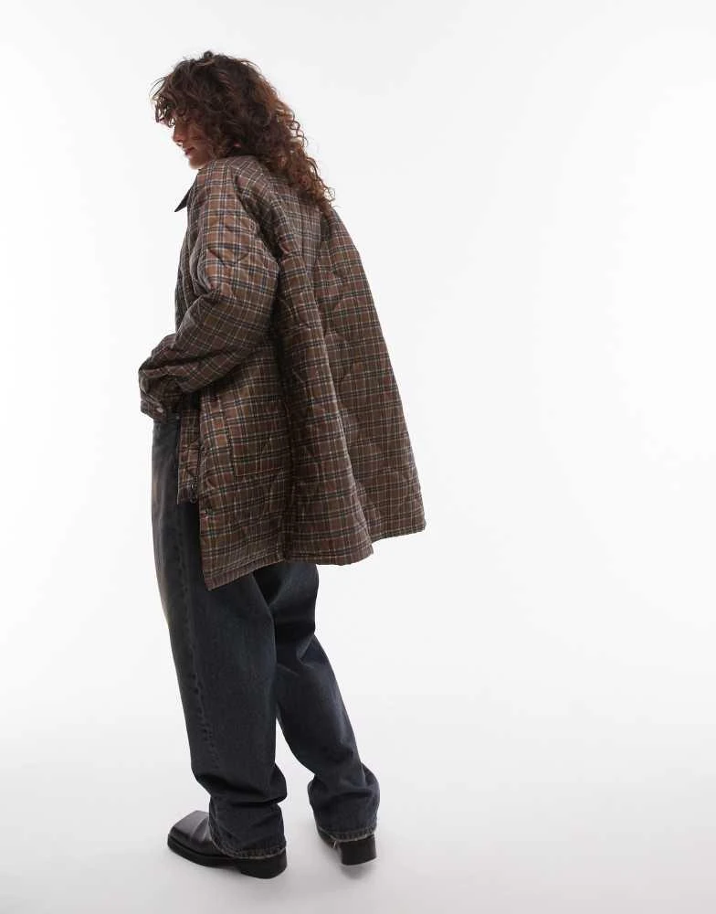 Topshop Topshop check long nylon coat with cord collar 2