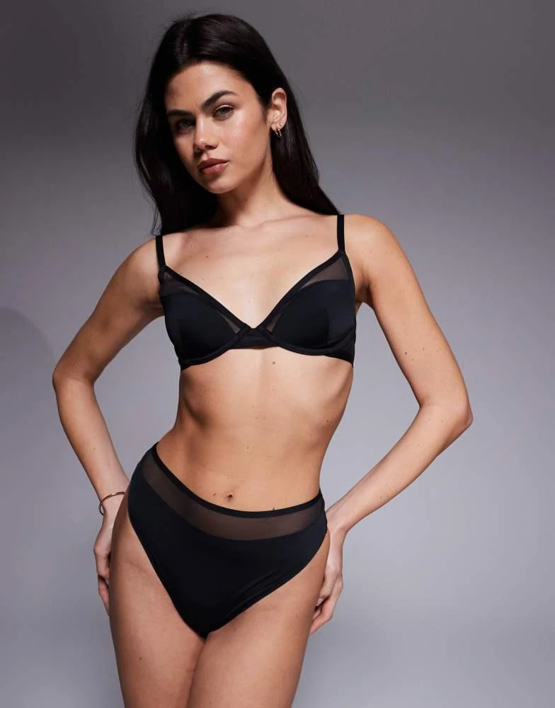 ASOS ASOS DESIGN Ella microfibre high leg high waist thong with mesh detail in black 2