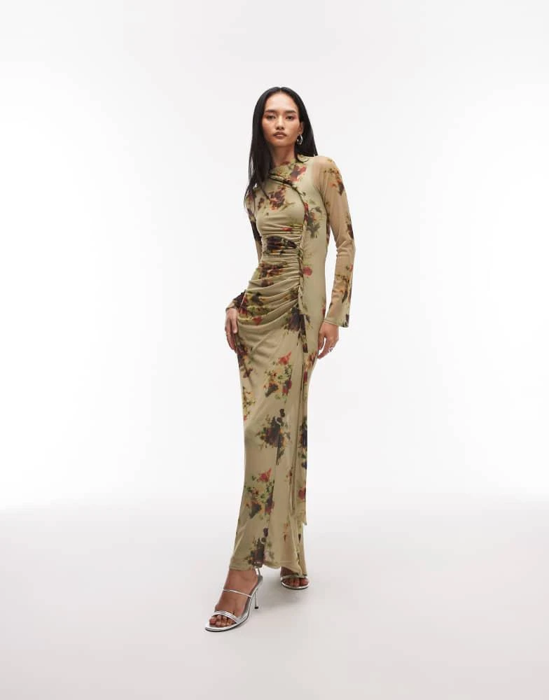 long sleeve green dress asos ASOS DESIGN long sleeve frill hem chiffon maxi dress in dark green