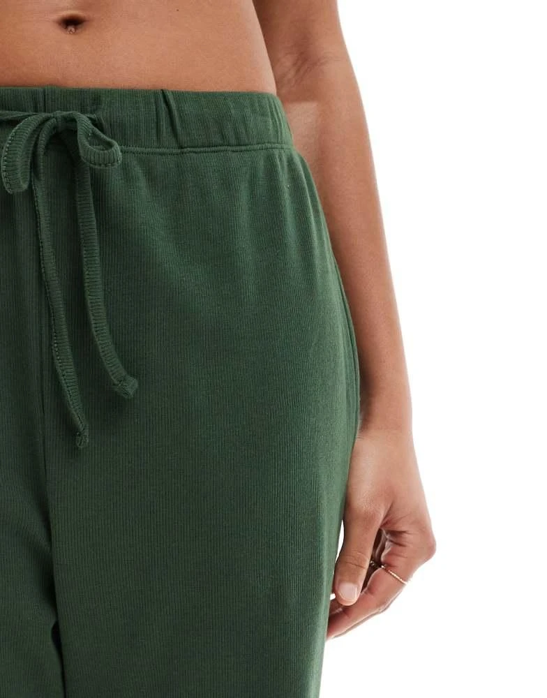 Brave Soul Brave Soul ribbed cropped t-shirt and wide leg trouser lounge set in khaki 3