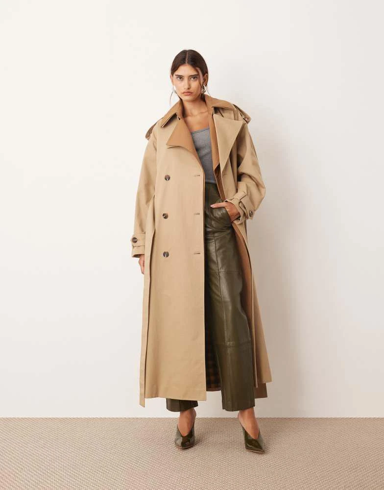 ARRANGE ARRANGE two tone lapel double breasted trench coat in tan 2
