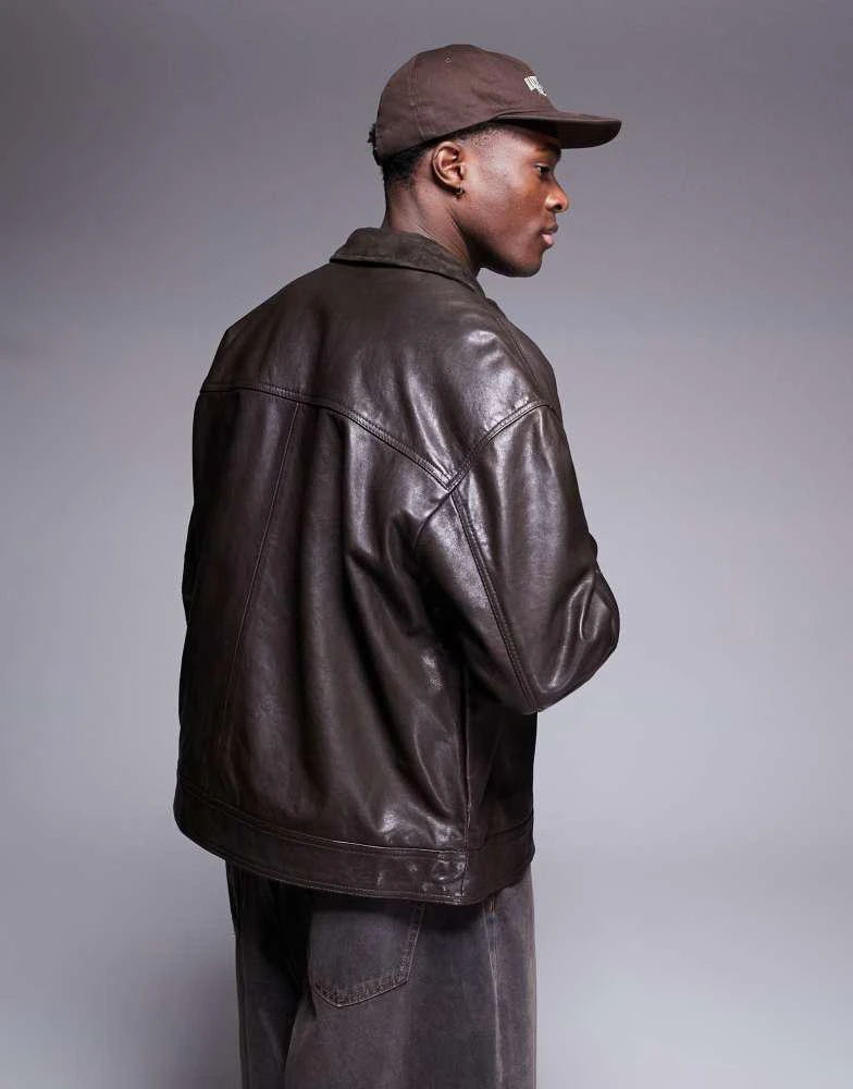 ASOS ASOS DESIGN Premium real leather harrington jacket with suede collar in brown 4