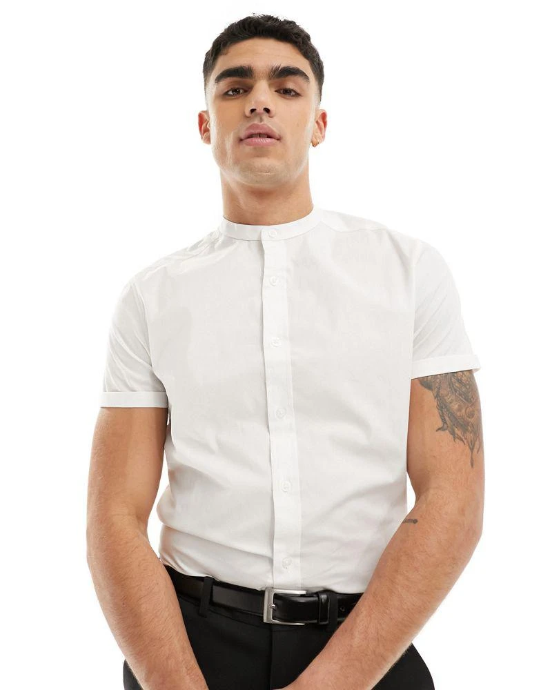 ASOS ASOS DESIGN slim fit grandad collar shirt with roll sleeves in white 1
