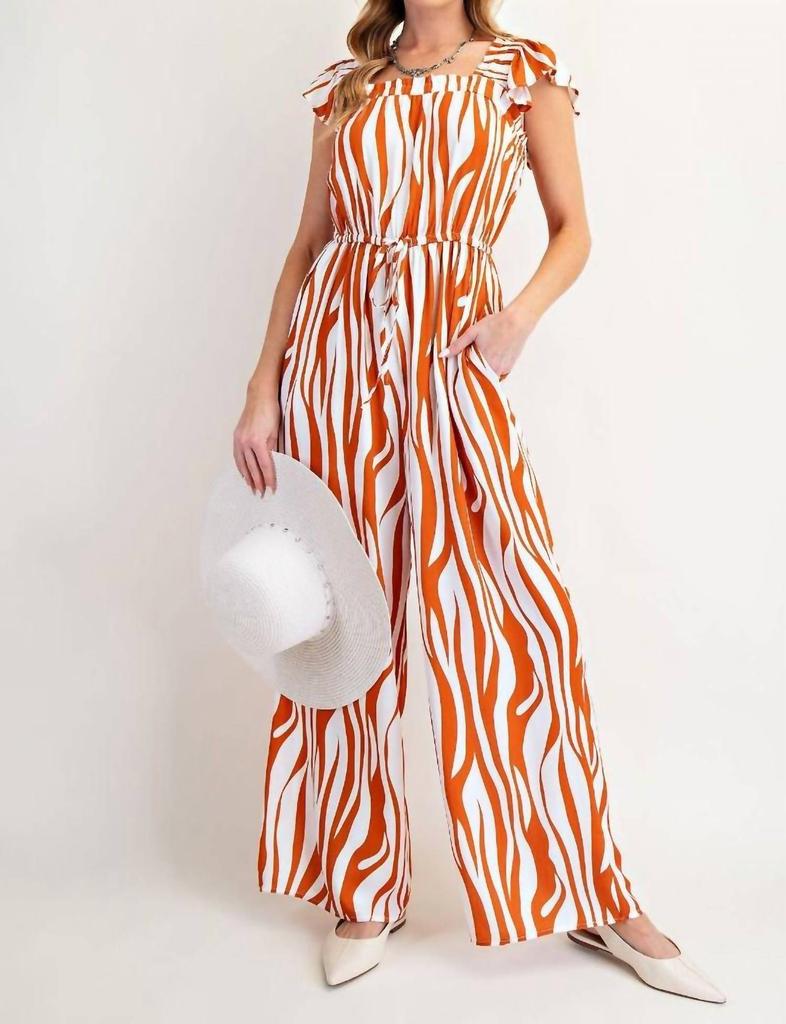 Easel Easel - Curve Print Cotton Linen Wide Leg Jumpsuit