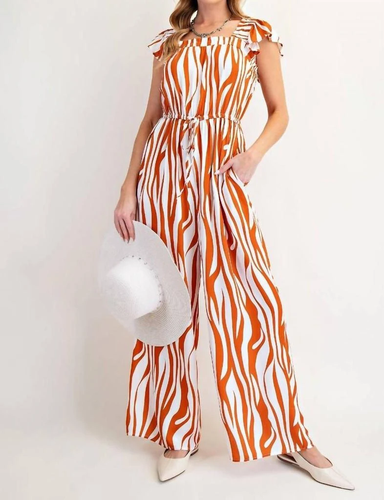 Easel Easel - Curve Print Cotton Linen Wide Leg Jumpsuit 1