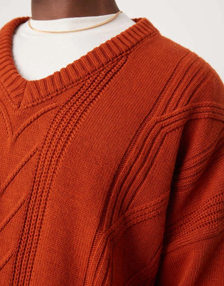 ASOS ASOS DESIGN super oversized stitch detail v-neck knitted  jumper in burnt orange 2
