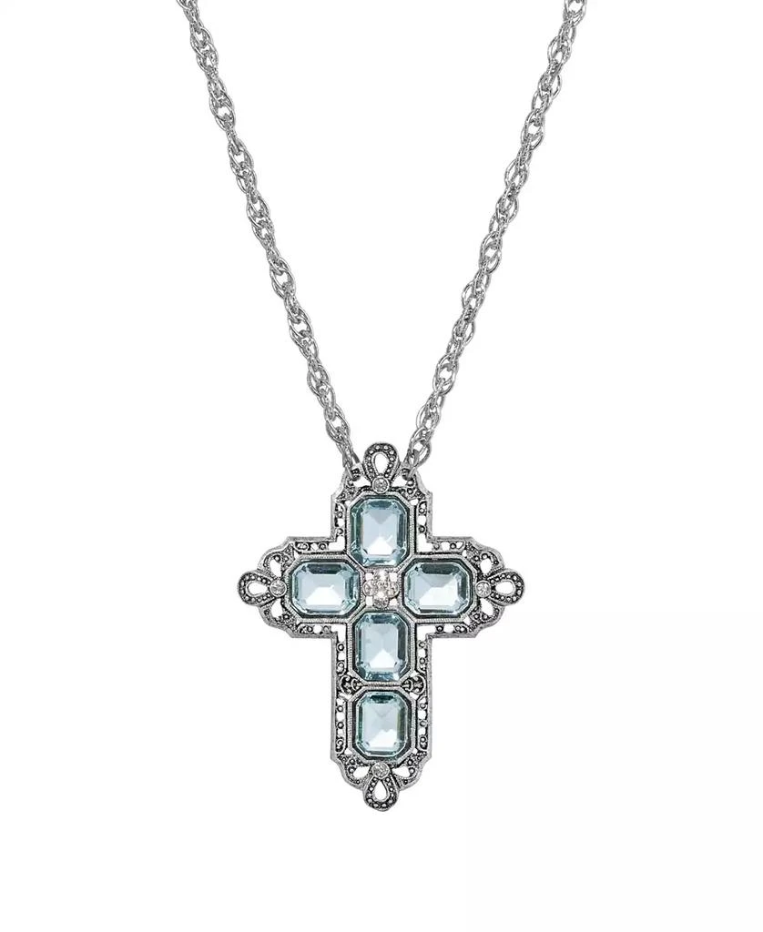 2028 Women's Pewter Rectangle Light Blue Crystal Cross Chain Necklace 1