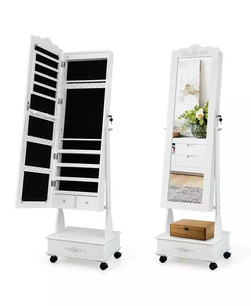 GOUUN Rolling Floor Standing Mirrored Jewelry Armoire with Lock and Drawers